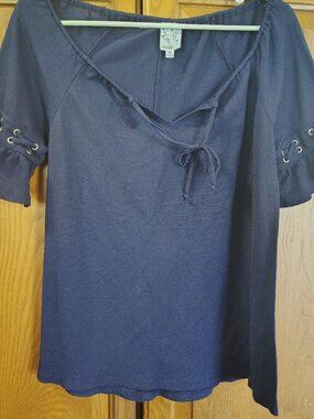 Naif Anthropologie Blue Lace Up Sleeve Bardot Off Shoulder Blouse Top Size M